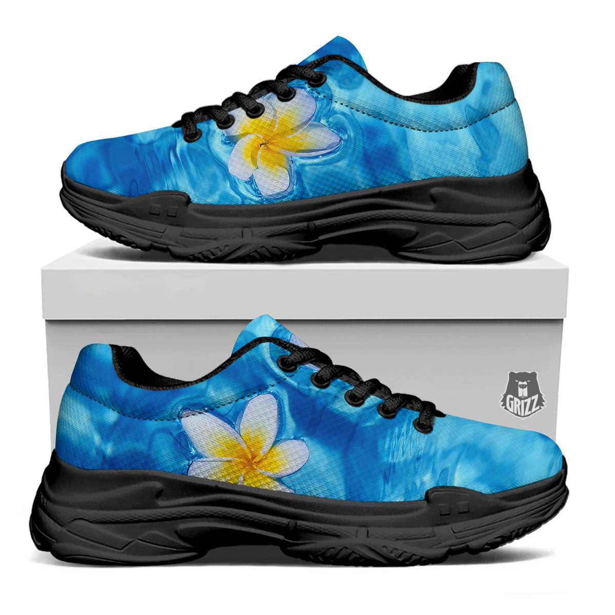 Yellow And White Plumeria In Water Print Black Chunky Shoes-grizzshop