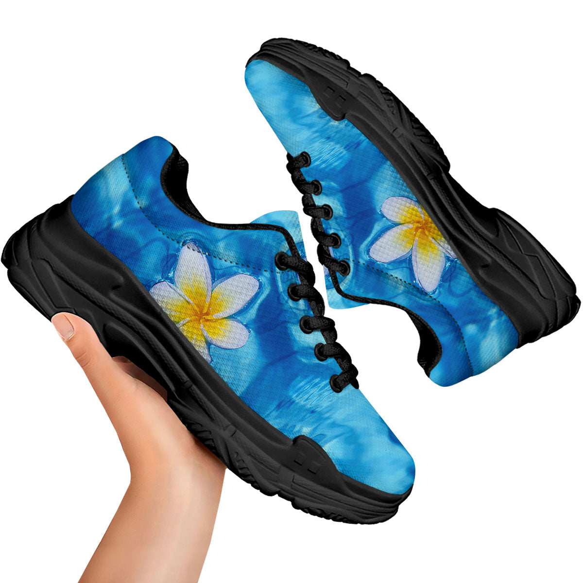 Yellow And White Plumeria In Water Print Black Chunky Shoes-grizzshop