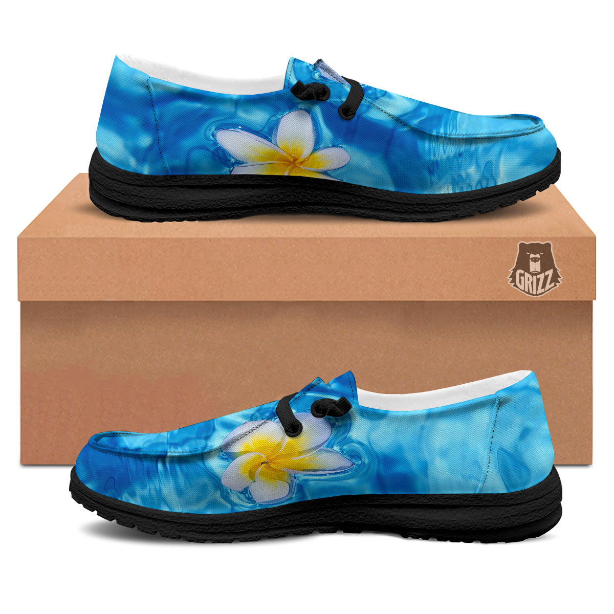 Yellow And White Plumeria In Water Print Black Loafers-grizzshop