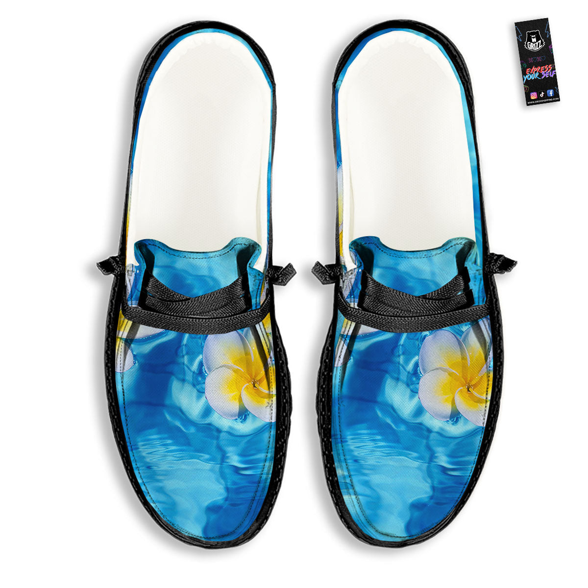 Yellow And White Plumeria In Water Print Black Loafers-grizzshop