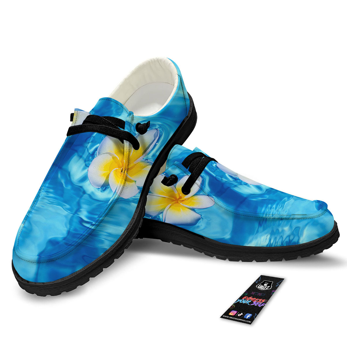 Yellow And White Plumeria In Water Print Black Loafers-grizzshop