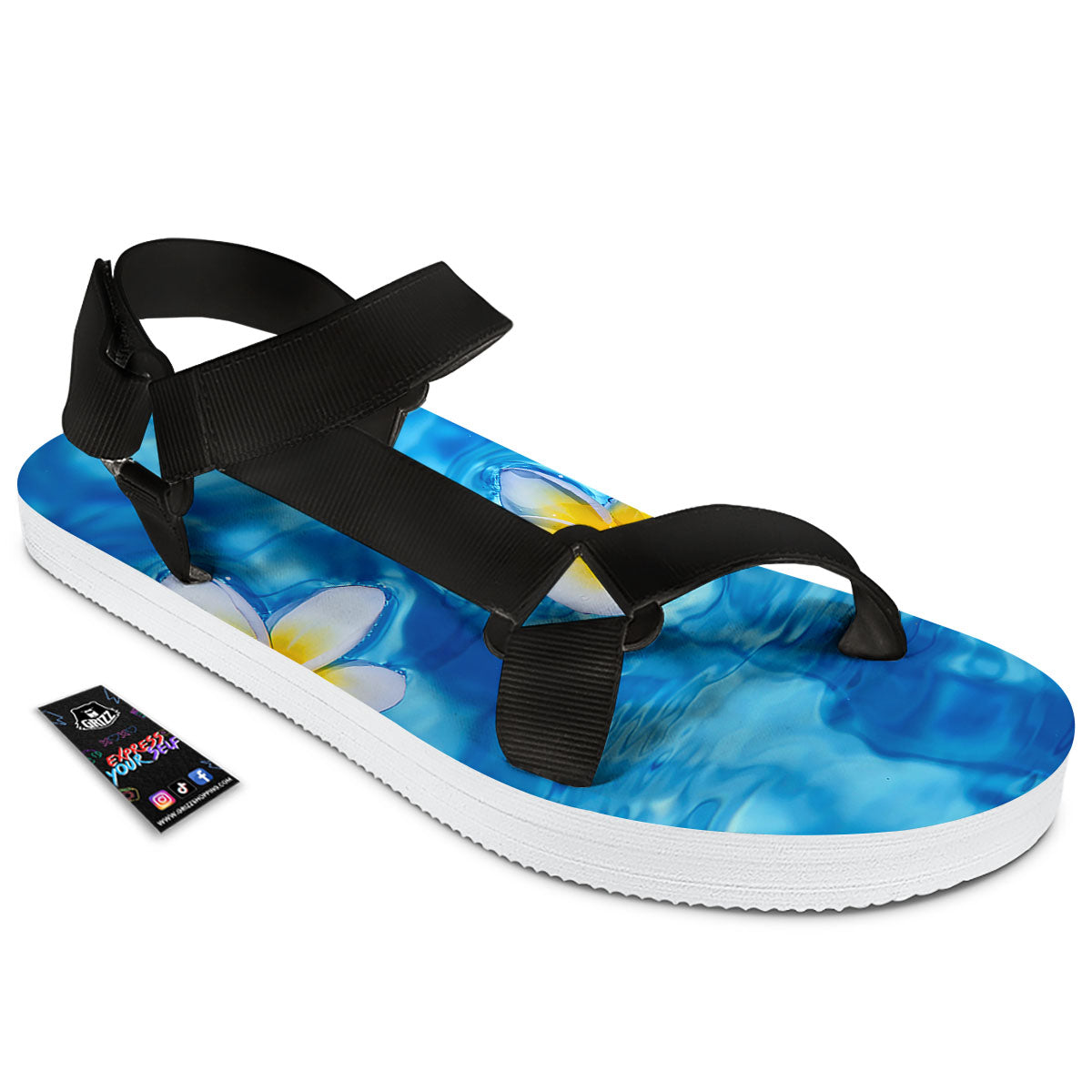 Yellow And White Plumeria In Water Print Black Open Toe Sandals-grizzshop