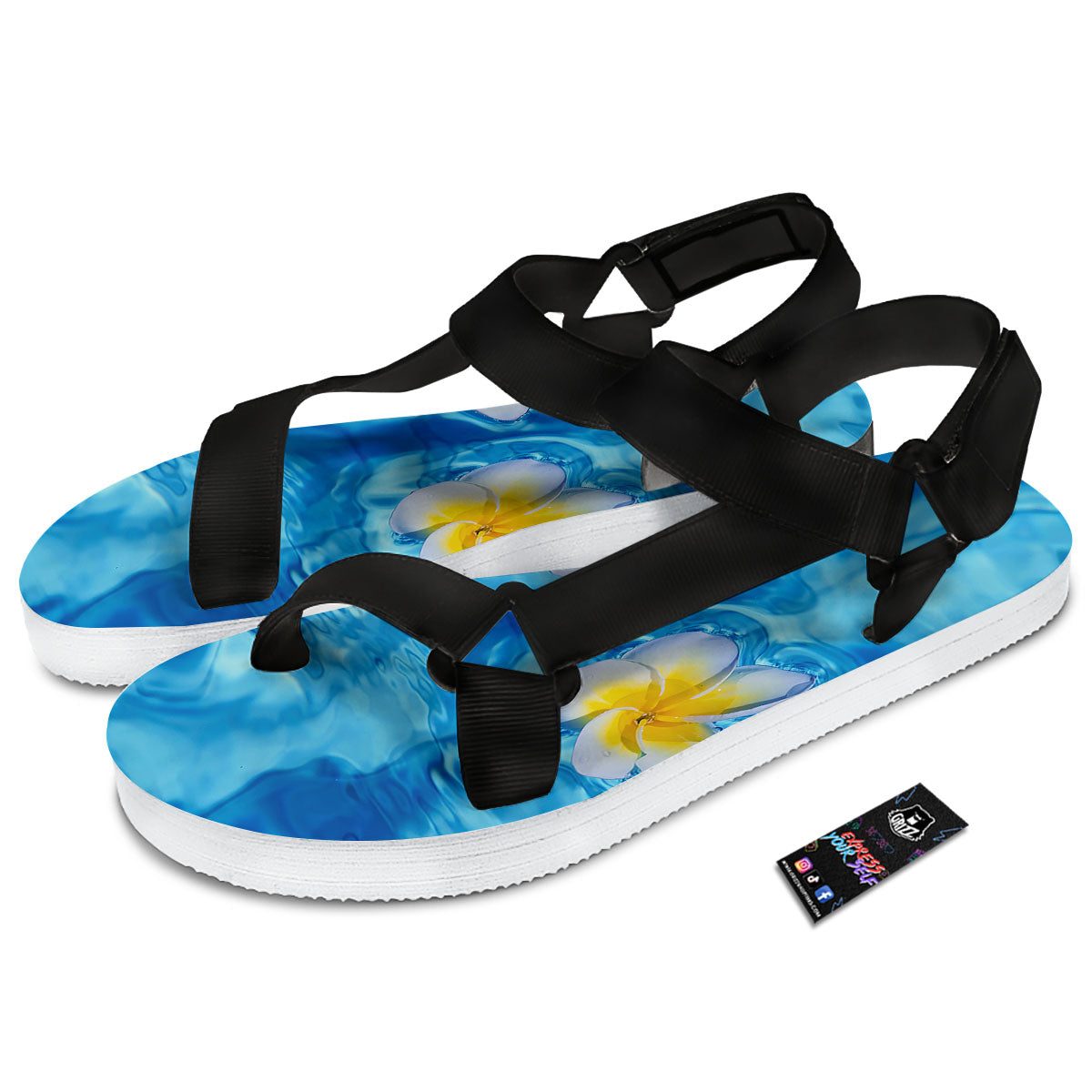 Yellow And White Plumeria In Water Print Black Open Toe Sandals-grizzshop
