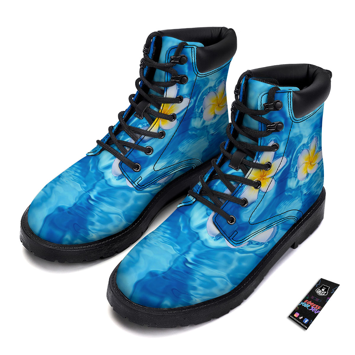 Yellow And White Plumeria In Water Print Boots-grizzshop