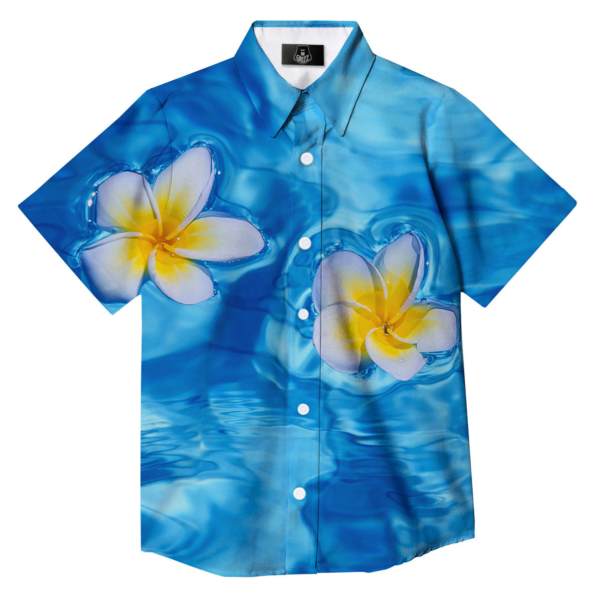 Yellow And White Plumeria In Water Print Button Up Shirt-grizzshop