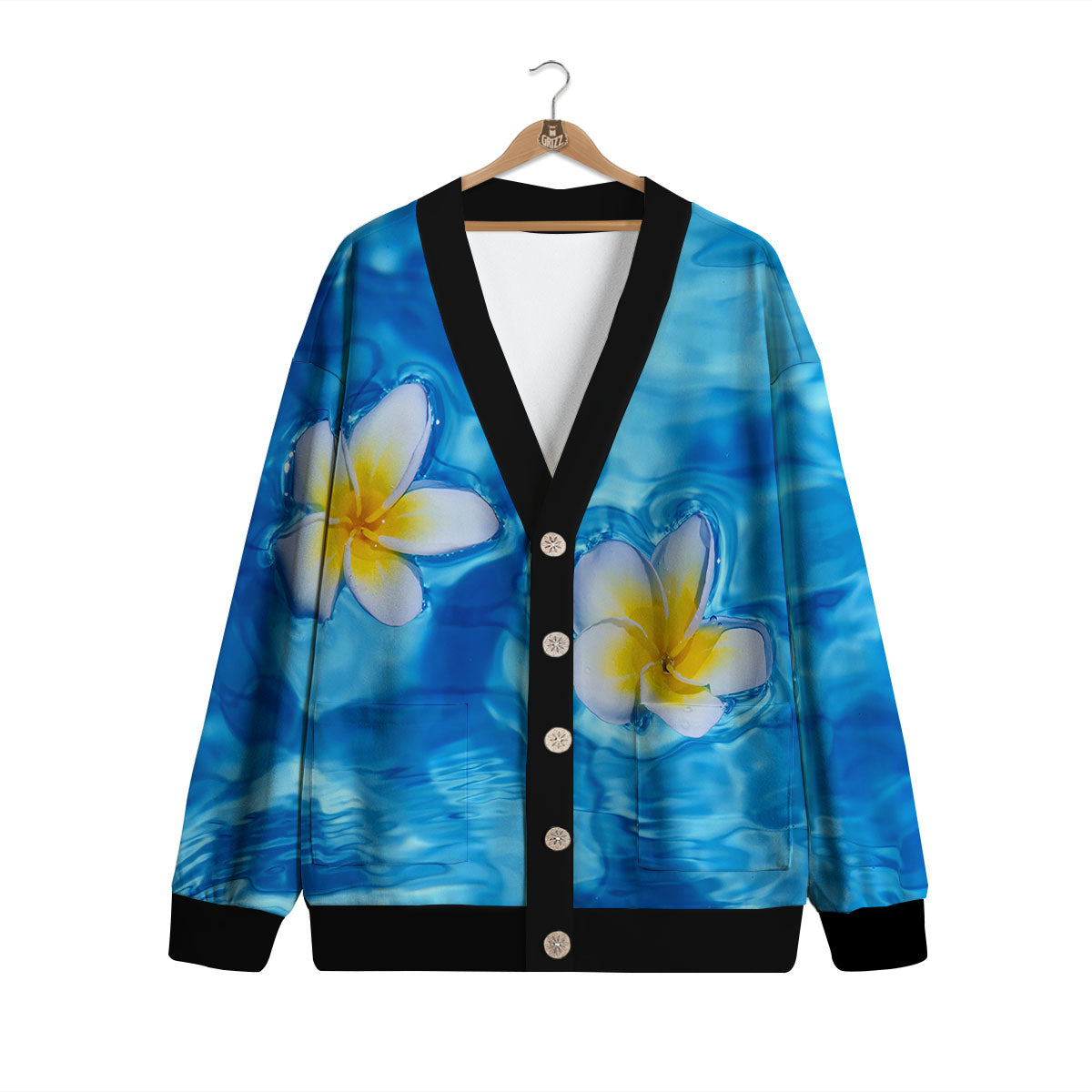 Yellow And White Plumeria In Water Print Cardigan-grizzshop