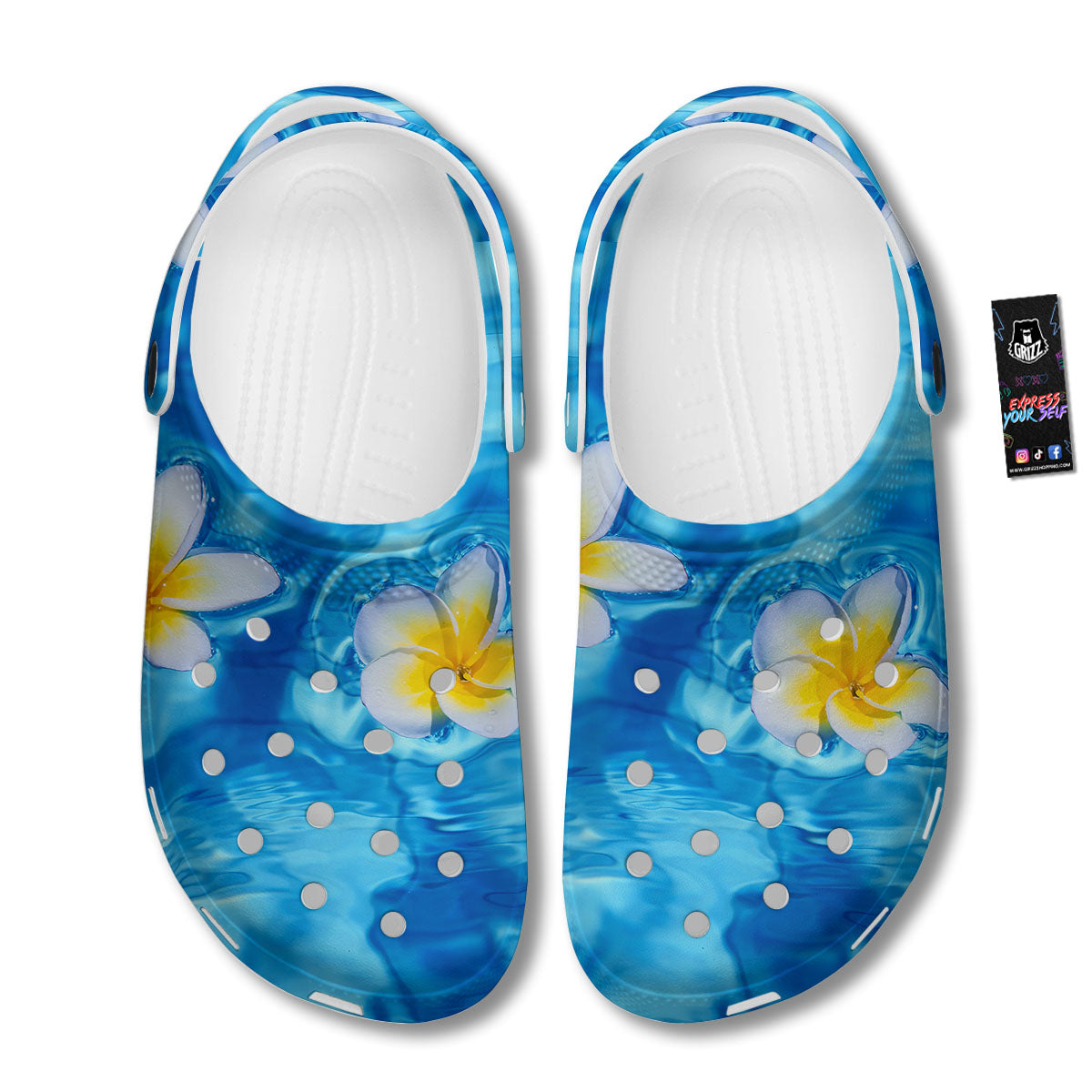 Yellow And White Plumeria In Water Print Clog-grizzshop