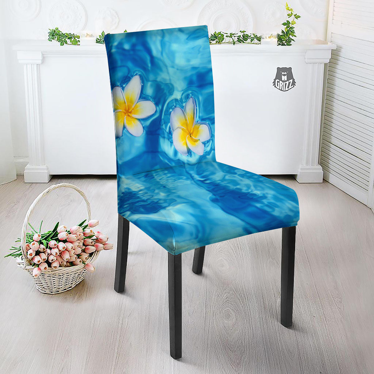Yellow And White Plumeria In Water Print Dining Chair Slipcover-grizzshop