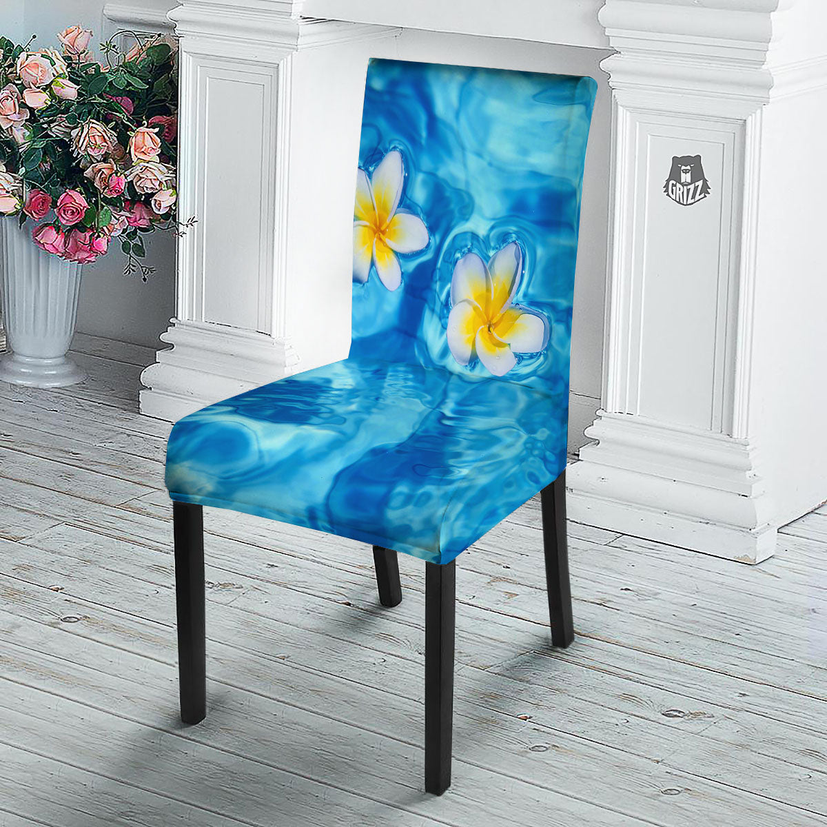 Yellow And White Plumeria In Water Print Dining Chair Slipcover-grizzshop