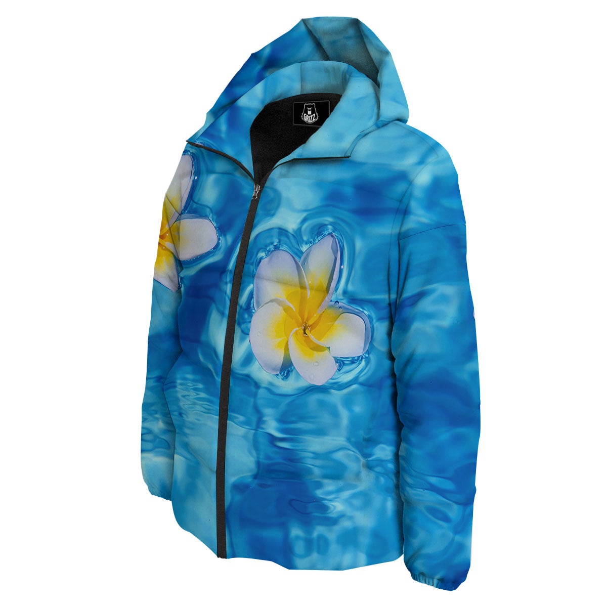 Yellow And White Plumeria In Water Print Down Jacket-grizzshop