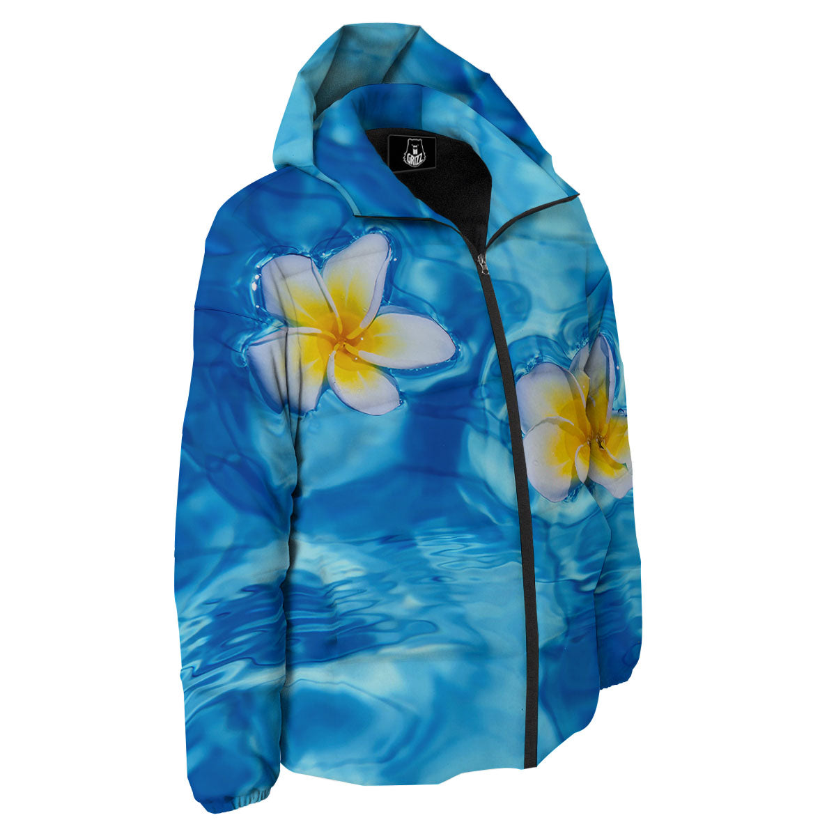 Yellow And White Plumeria In Water Print Down Jacket-grizzshop