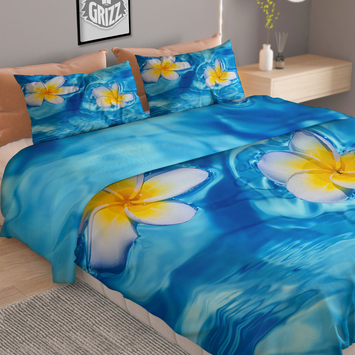 Yellow And White Plumeria In Water Print Duvet Cover Bedding Set