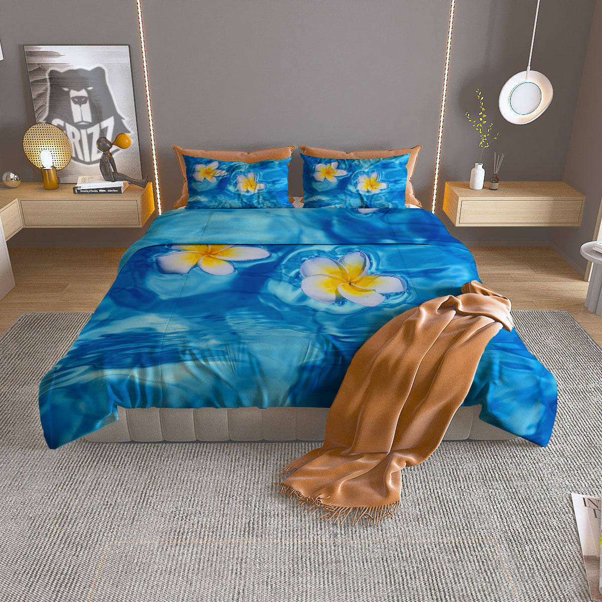 Yellow And White Plumeria In Water Print Duvet Cover Bedding Set