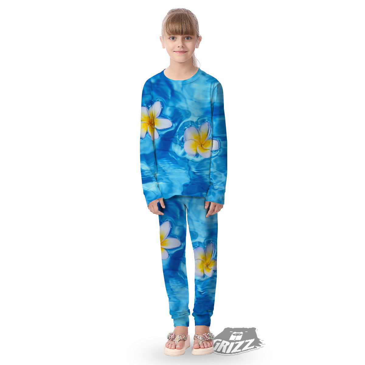 Yellow And White Plumeria In Water Print Kid's Pajamas-grizzshop