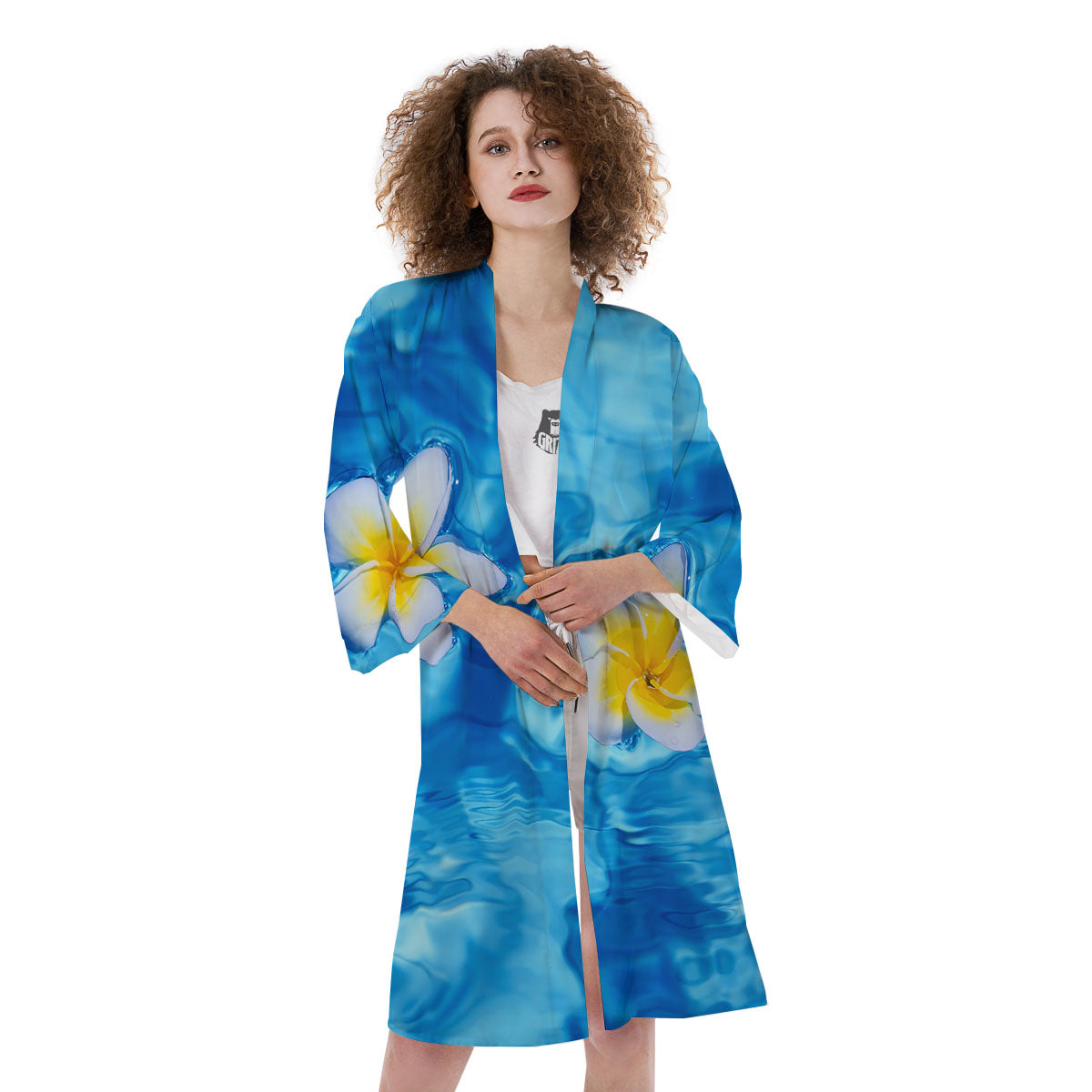 Yellow And White Plumeria In Water Print Kimono-grizzshop