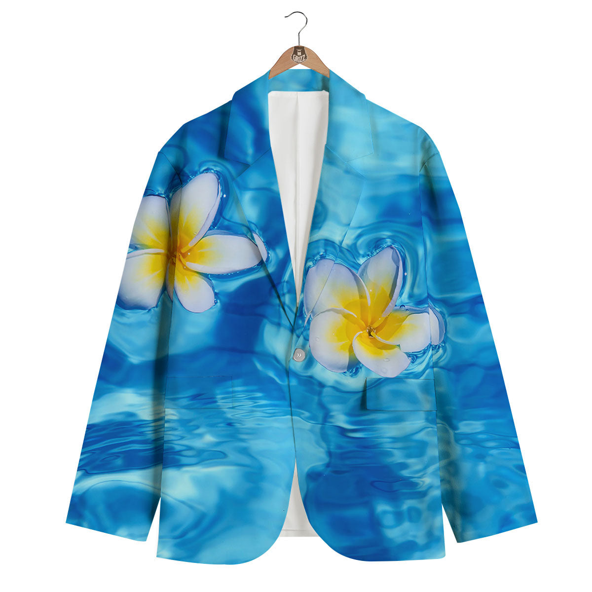 Yellow And White Plumeria In Water Print Men's Blazer-grizzshop