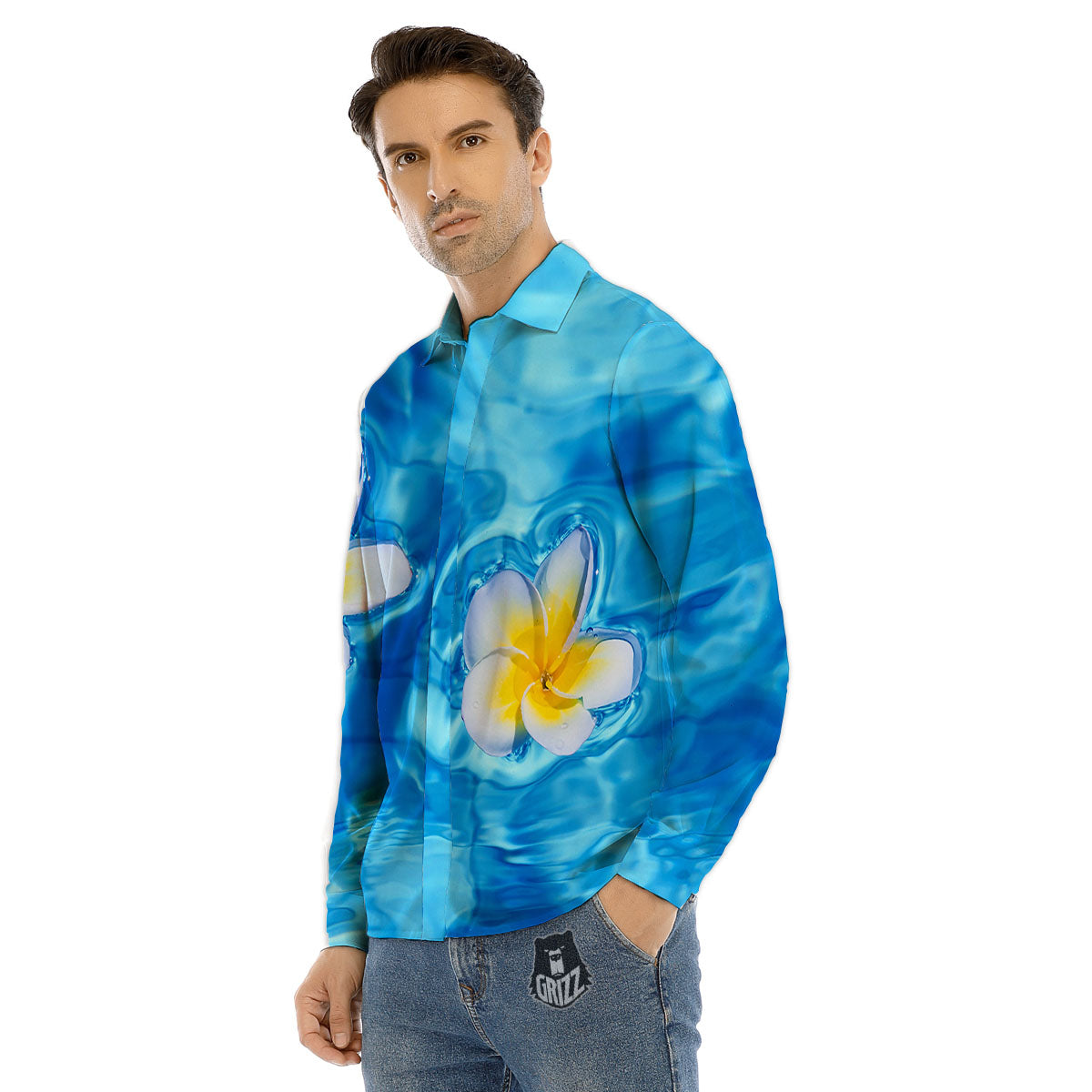 Yellow And White Plumeria In Water Print Men's Dress Shirts-grizzshop