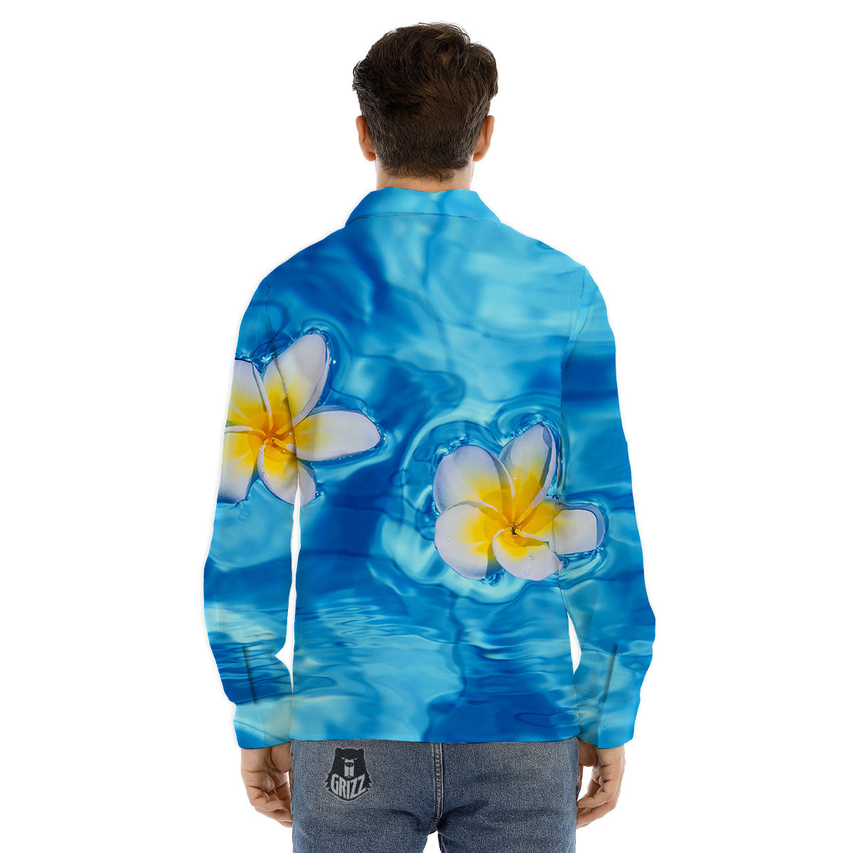 Yellow And White Plumeria In Water Print Men's Dress Shirts-grizzshop