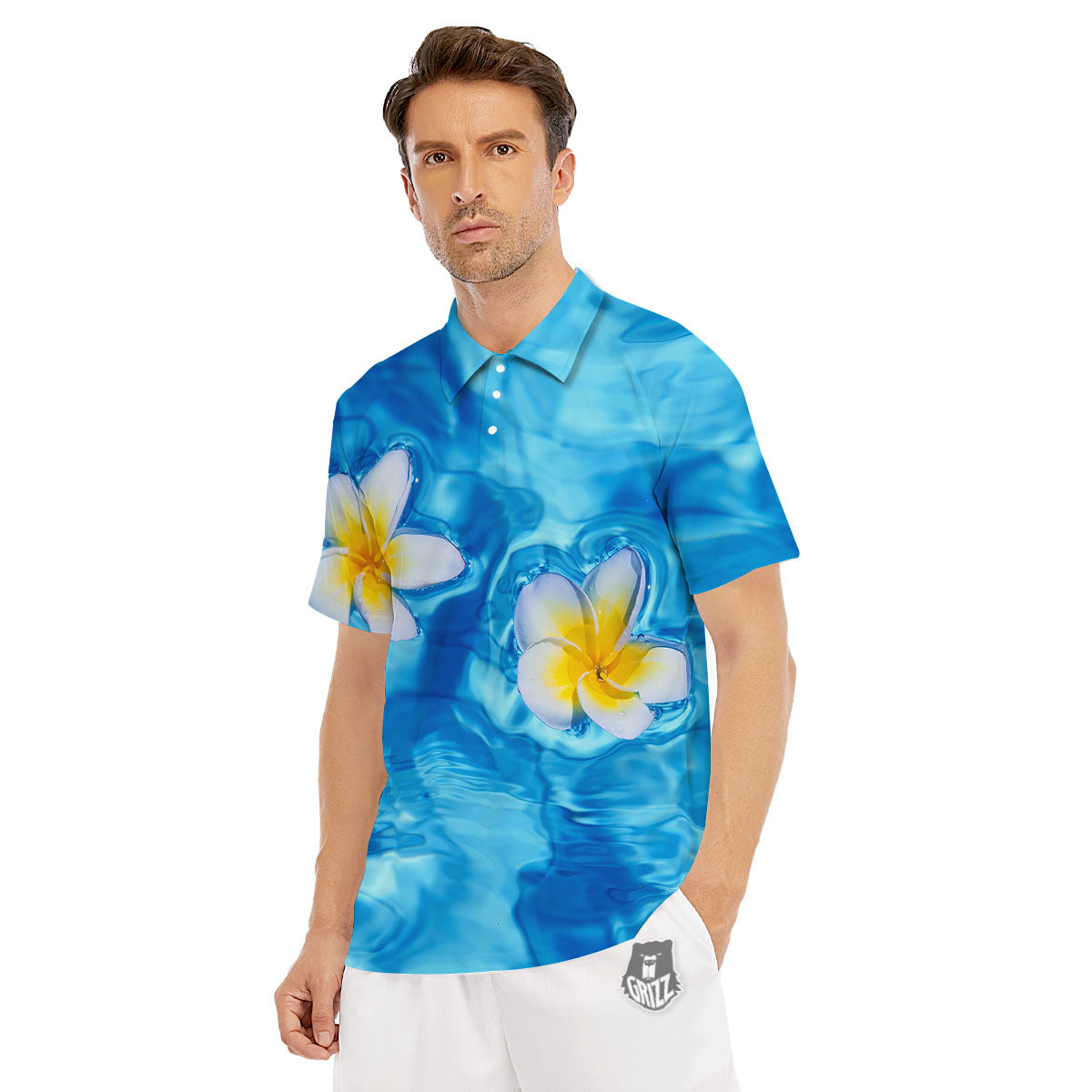 Yellow And White Plumeria In Water Print Men's Golf Shirts-grizzshop