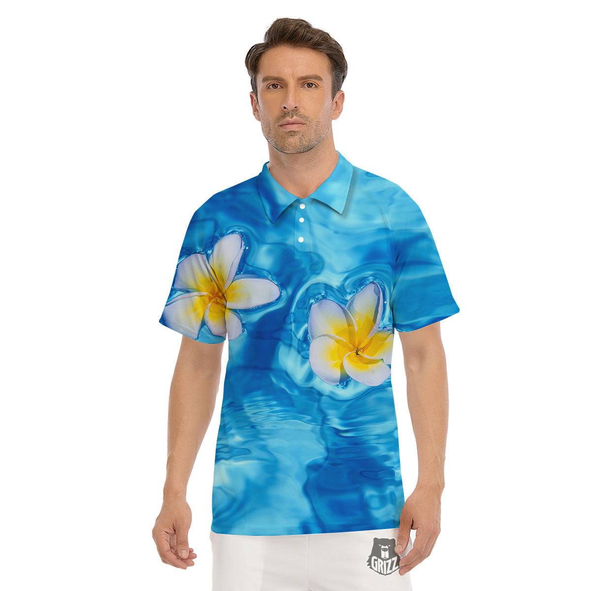 Yellow And White Plumeria In Water Print Men's Golf Shirts-grizzshop