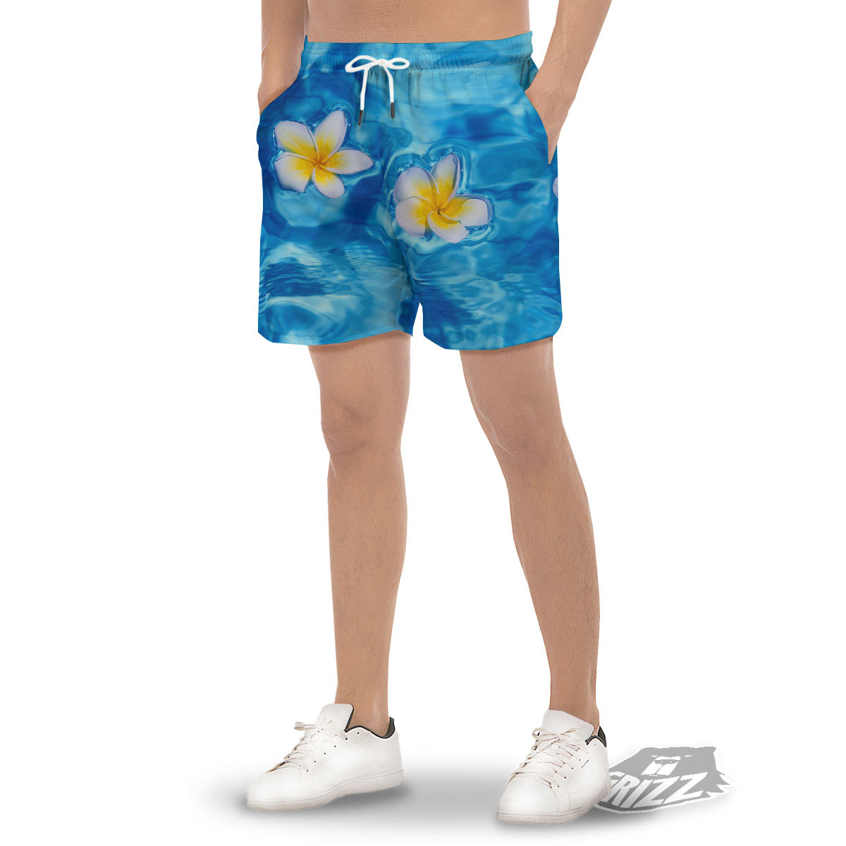 Yellow And White Plumeria In Water Print Men's Gym Shorts-grizzshop