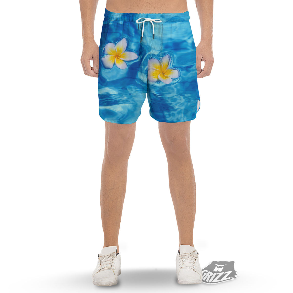 Yellow And White Plumeria In Water Print Men's Gym Shorts-grizzshop