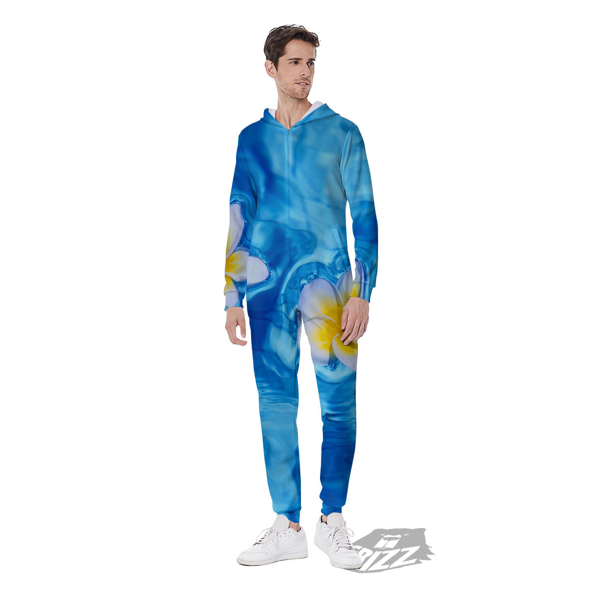 Yellow And White Plumeria In Water Print Men's Jumpsuit-grizzshop