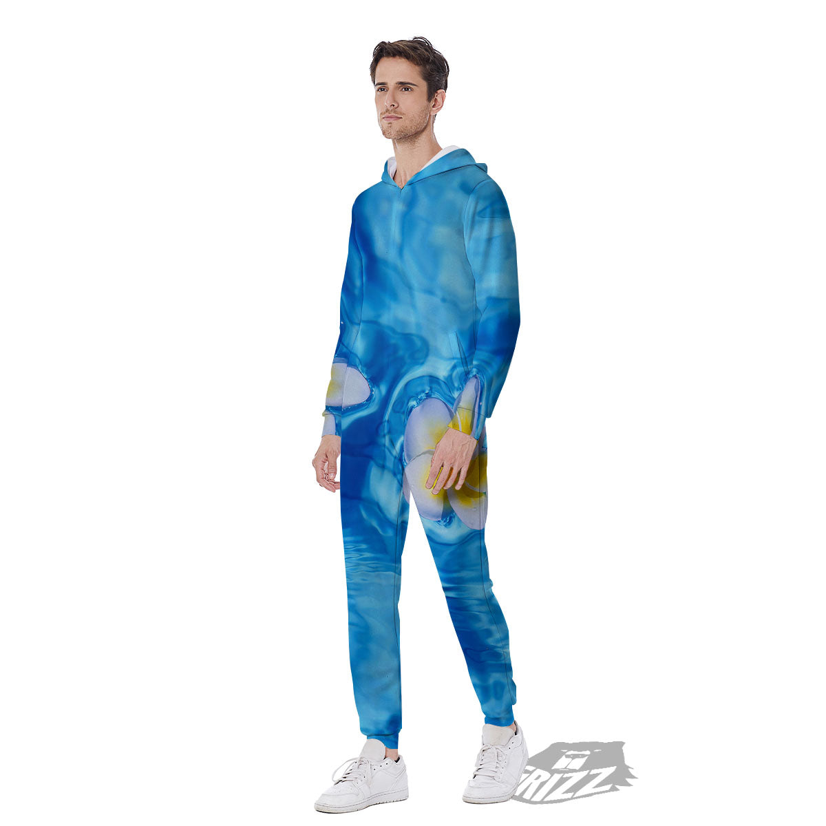 Yellow And White Plumeria In Water Print Men's Jumpsuit-grizzshop