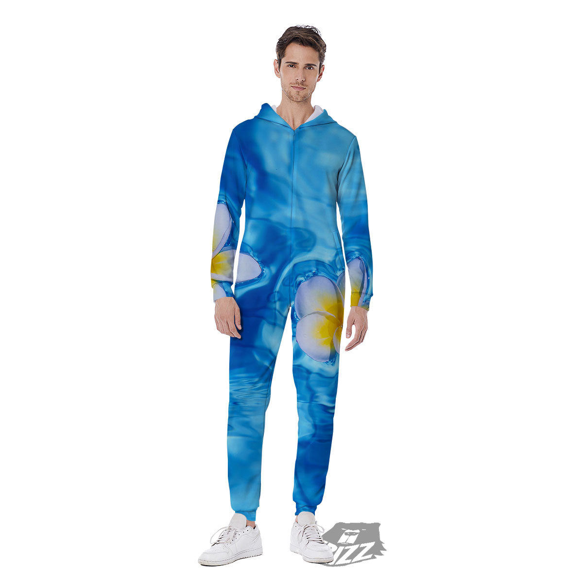 Yellow And White Plumeria In Water Print Men's Jumpsuit-grizzshop