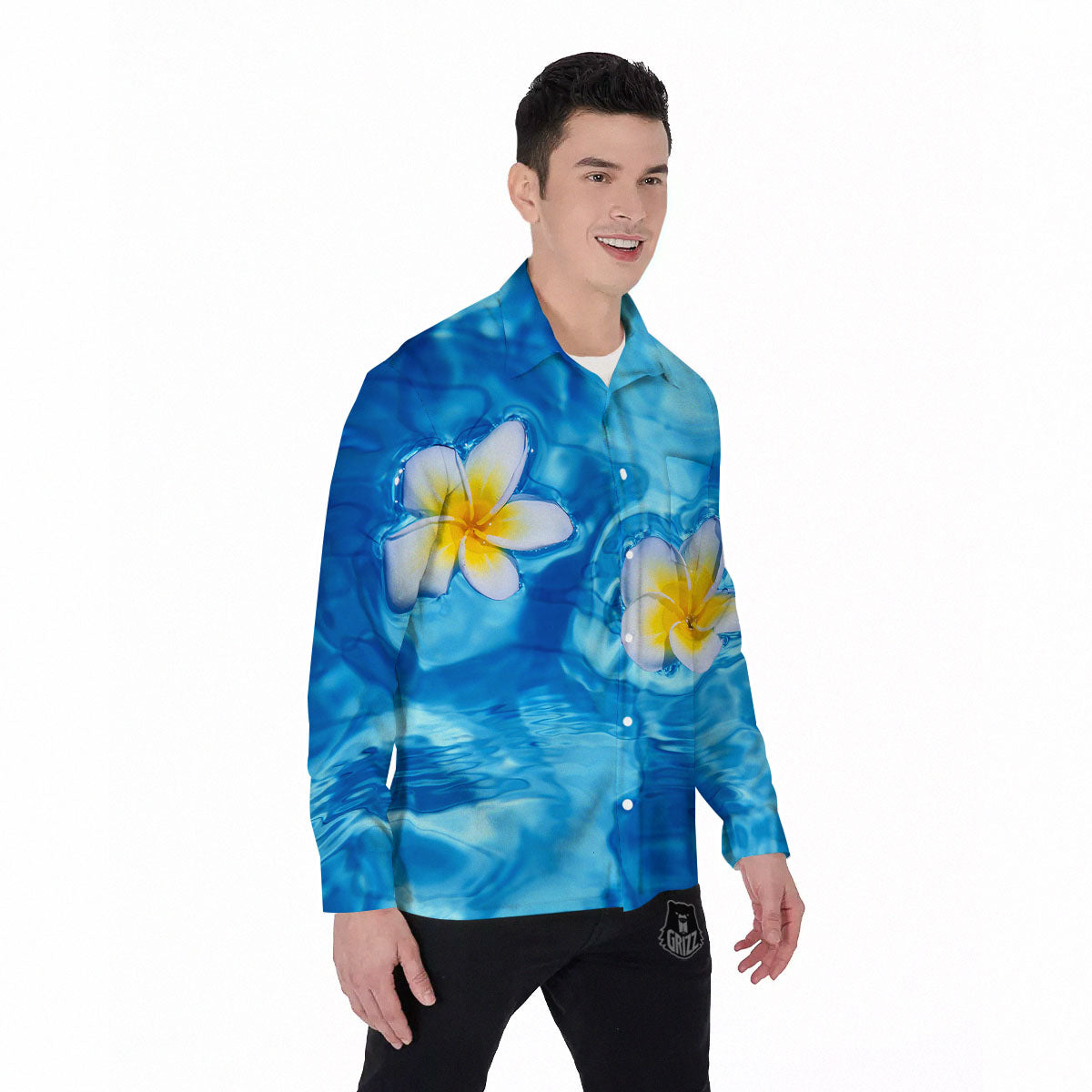 Yellow And White Plumeria In Water Print Men's Long Sleeve Shirts-grizzshop
