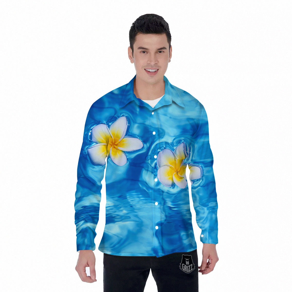 Yellow And White Plumeria In Water Print Men's Long Sleeve Shirts-grizzshop