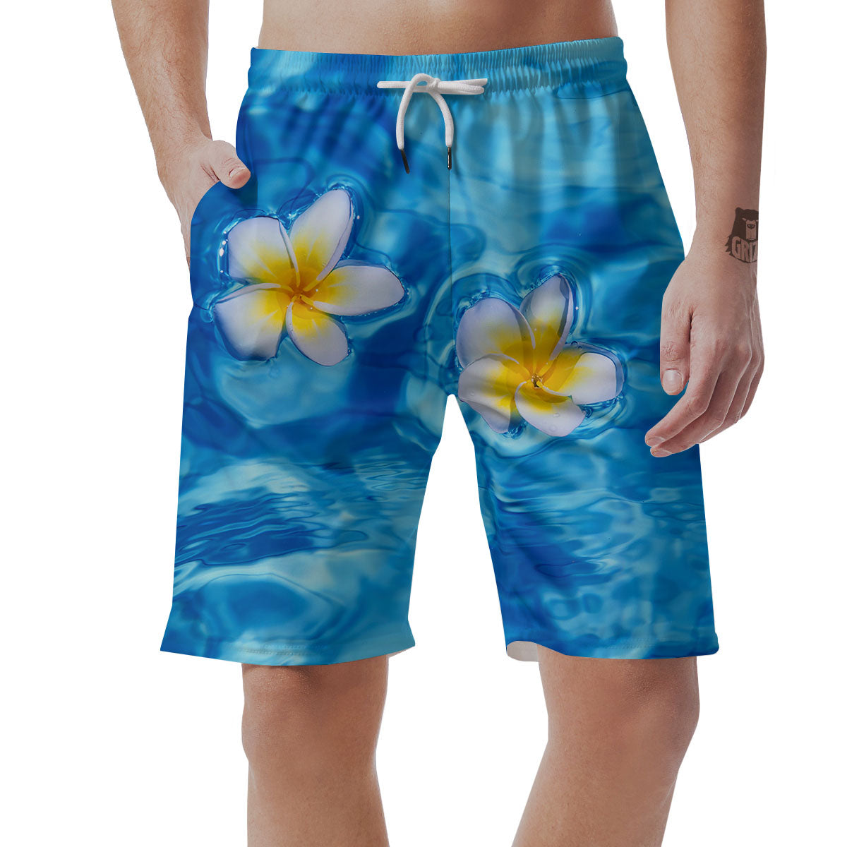 Yellow And White Plumeria In Water Print Men's Shorts-grizzshop