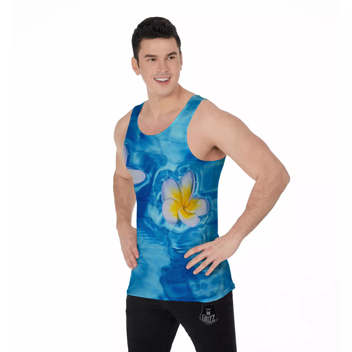 Yellow And White Plumeria In Water Print Men's Tank Top-grizzshop