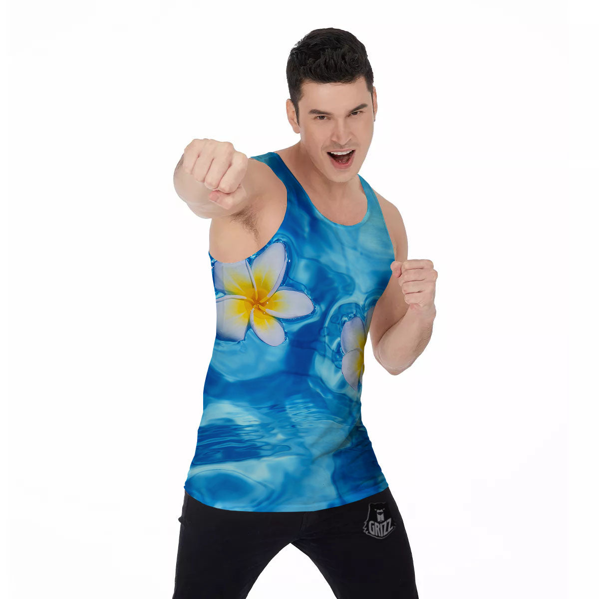 Yellow And White Plumeria In Water Print Men's Tank Top-grizzshop