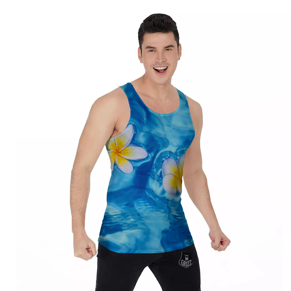 Yellow And White Plumeria In Water Print Men's Tank Top-grizzshop