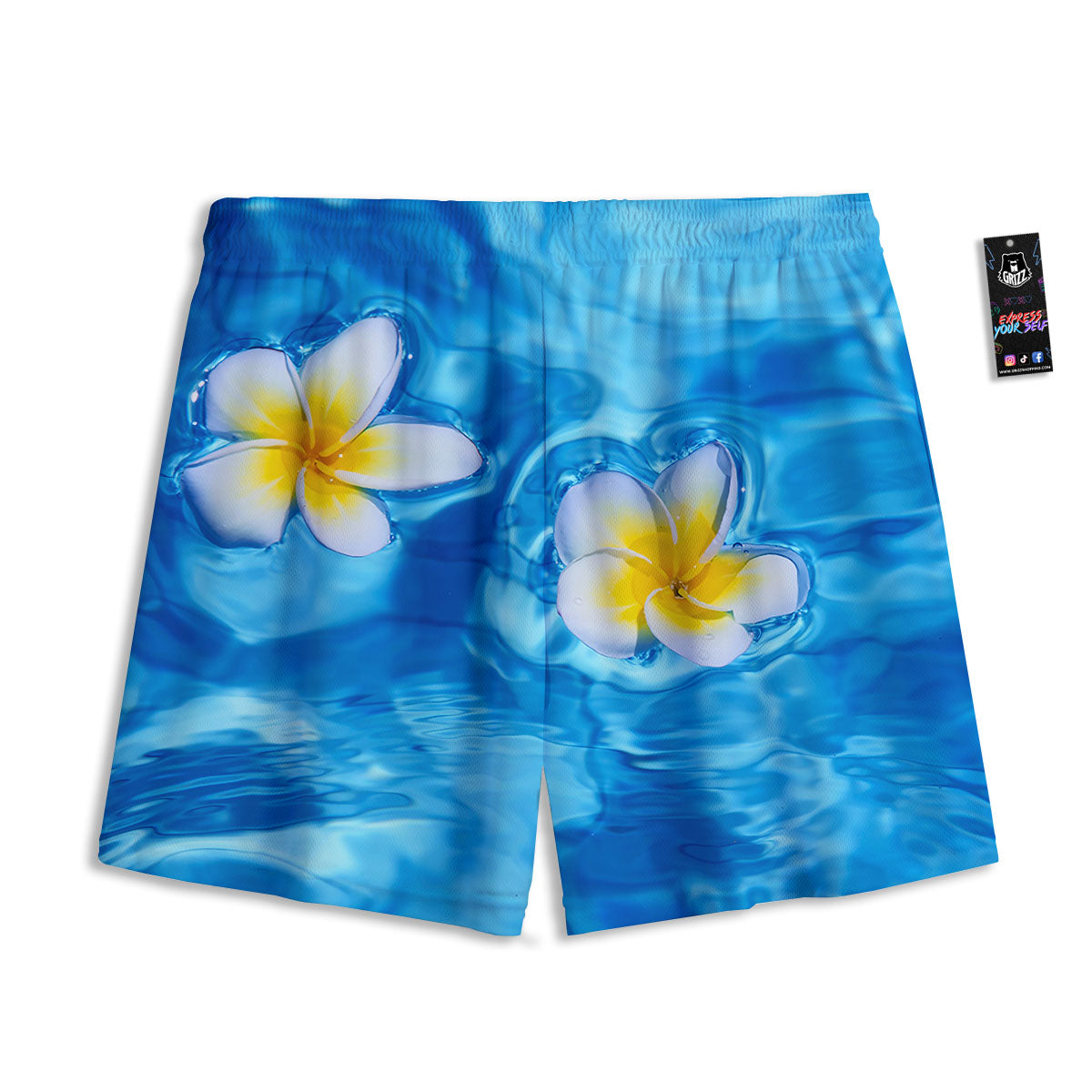 Yellow And White Plumeria In Water Print Mesh Shorts