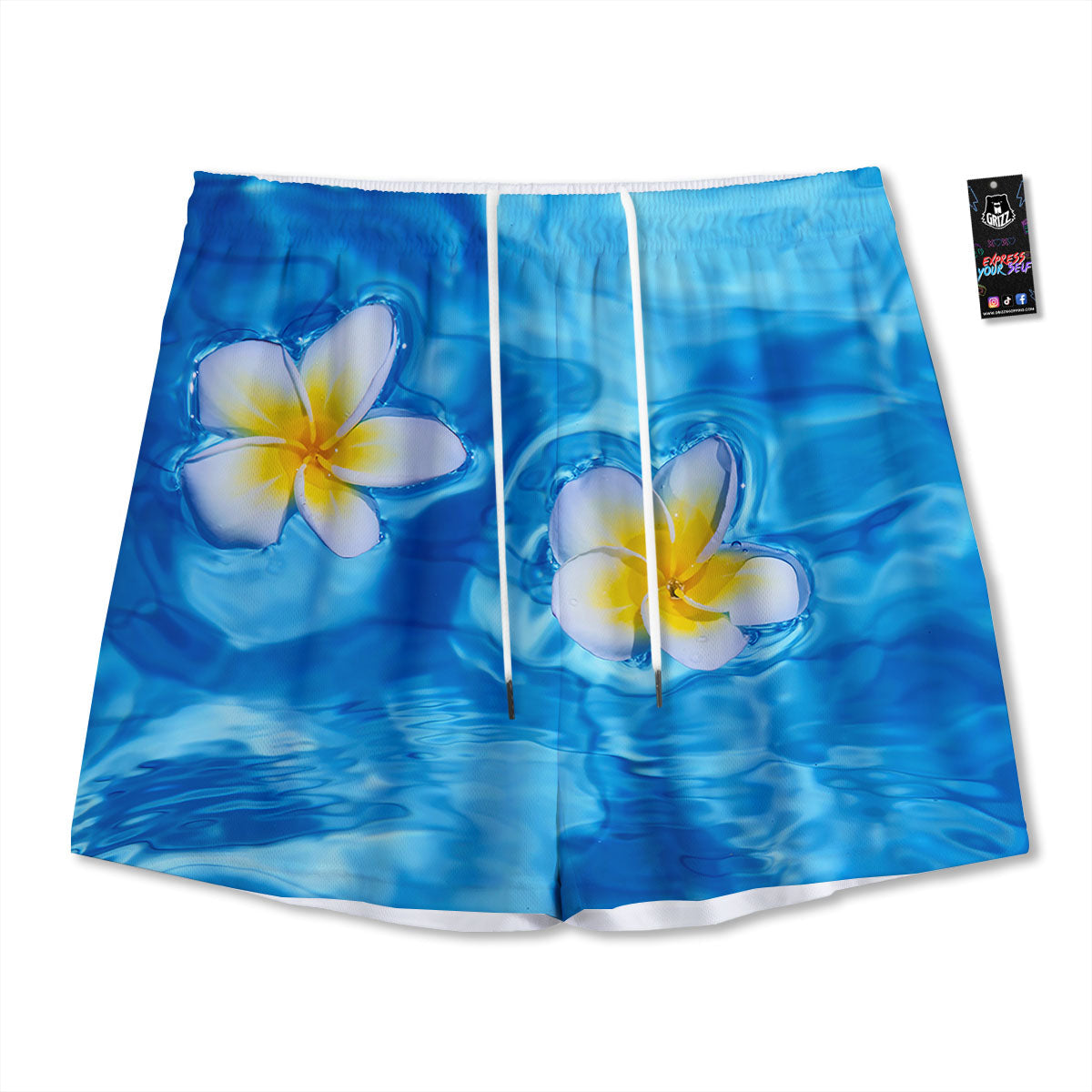Yellow And White Plumeria In Water Print Mesh Shorts