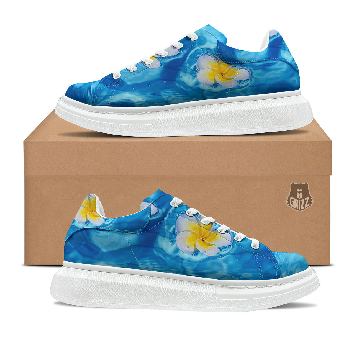 Yellow And White Plumeria In Water Print Platform Shoes-grizzshop