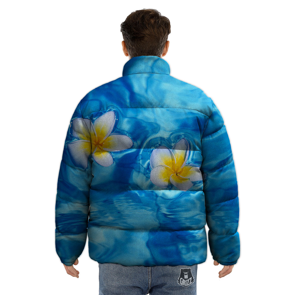 Yellow And White Plumeria In Water Print Puffer Jacket-grizzshop
