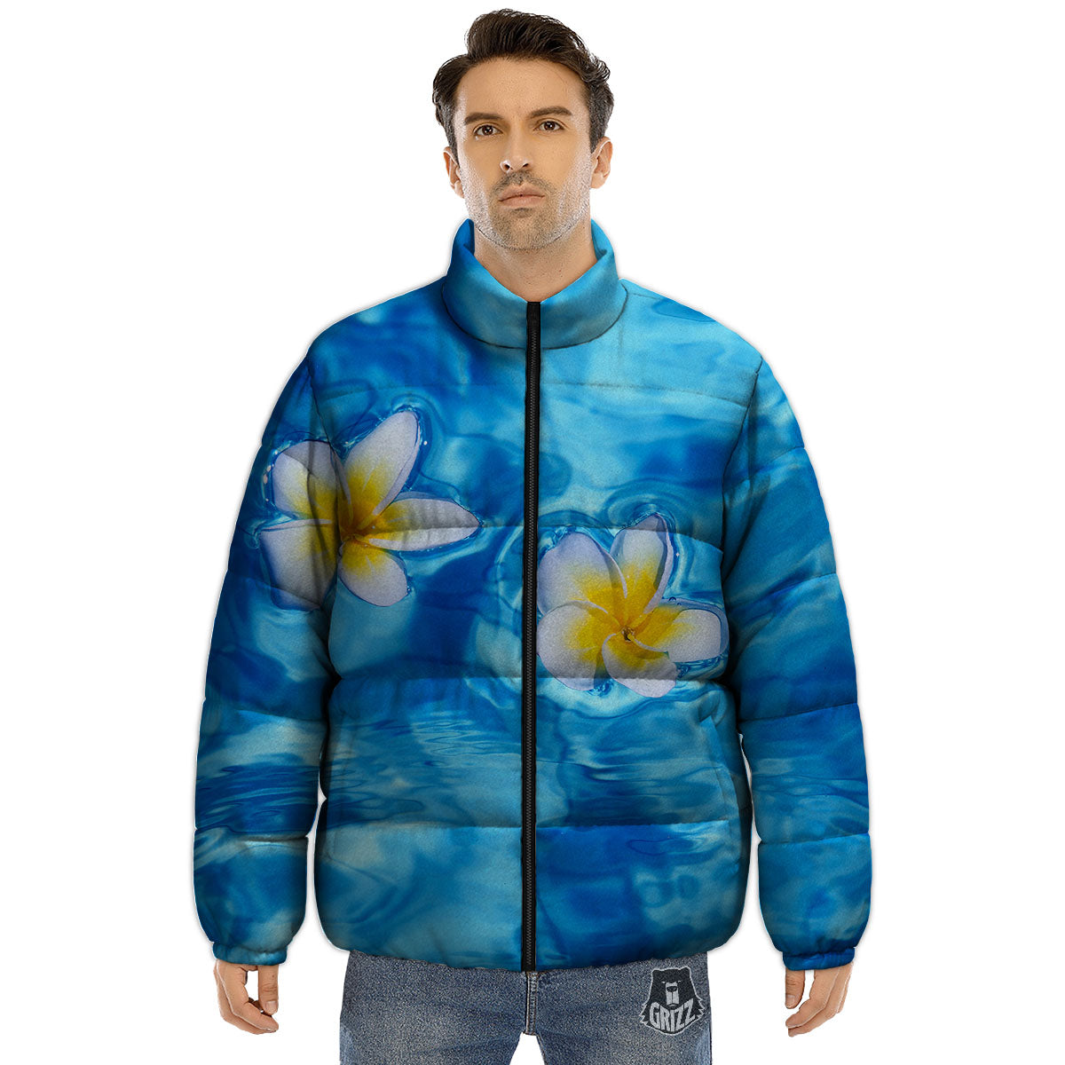 Yellow And White Plumeria In Water Print Puffer Jacket-grizzshop
