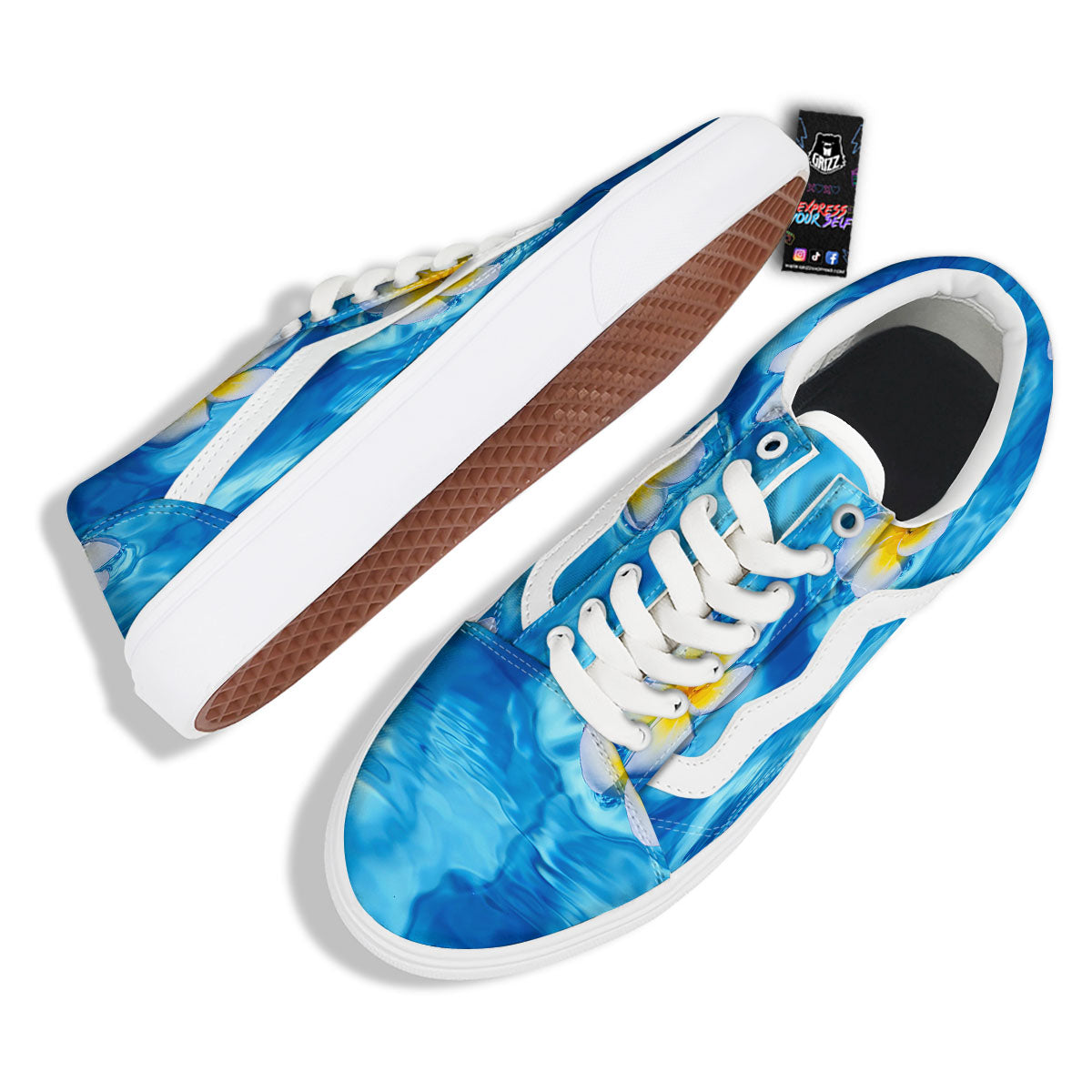 Yellow And White Plumeria In Water Print Skate Shoes-grizzshop