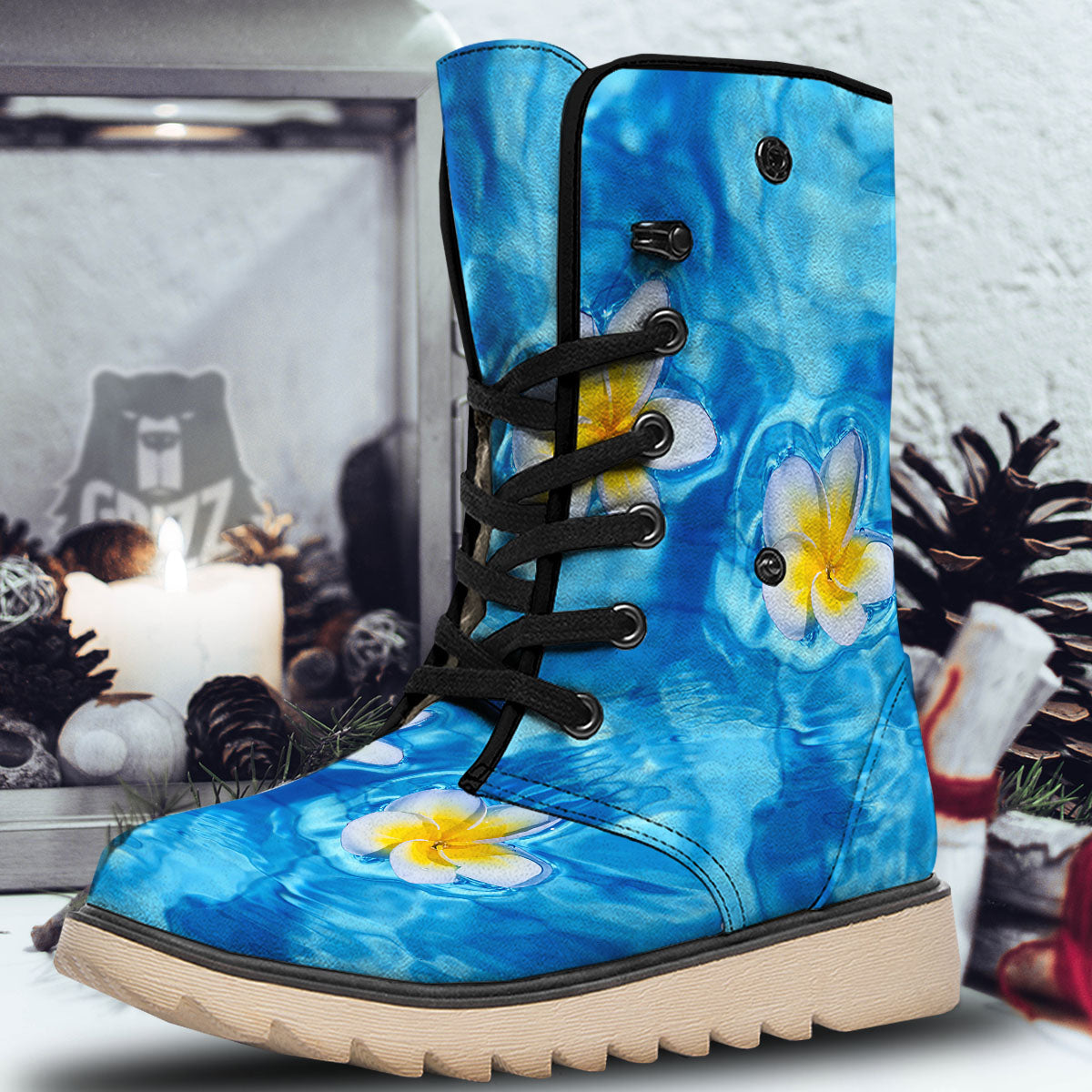 Yellow And White Plumeria In Water Print Snow Boots-grizzshop