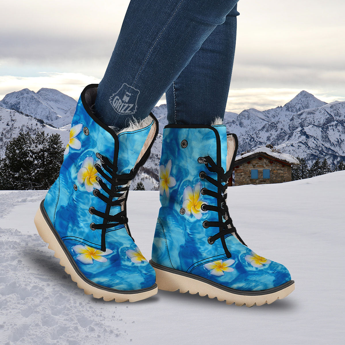 Yellow And White Plumeria In Water Print Snow Boots-grizzshop