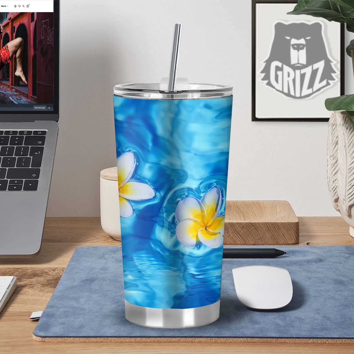 Yellow And White Plumeria In Water Print Tumbler-grizzshop