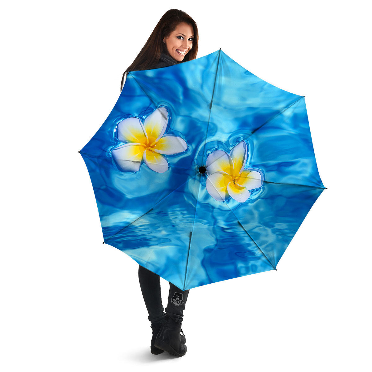 Yellow And White Plumeria In Water Print Umbrella-grizzshop