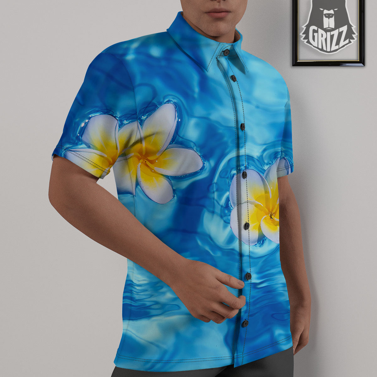 Yellow And White Plumeria In Water Print Untucked Shirts-grizzshop
