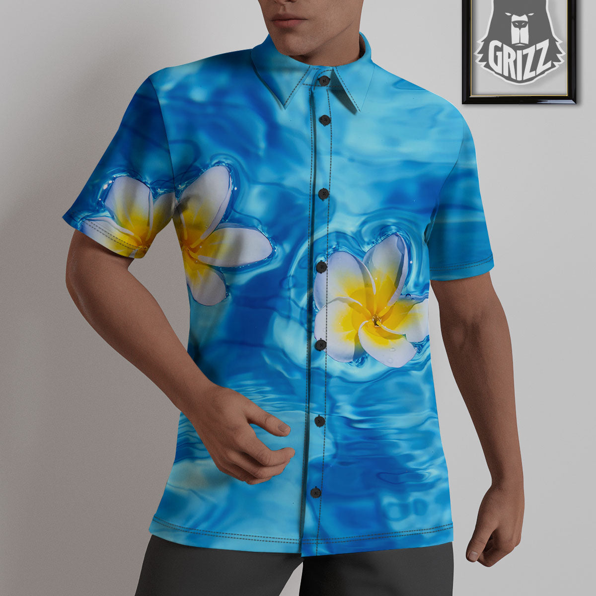 Yellow And White Plumeria In Water Print Untucked Shirts-grizzshop