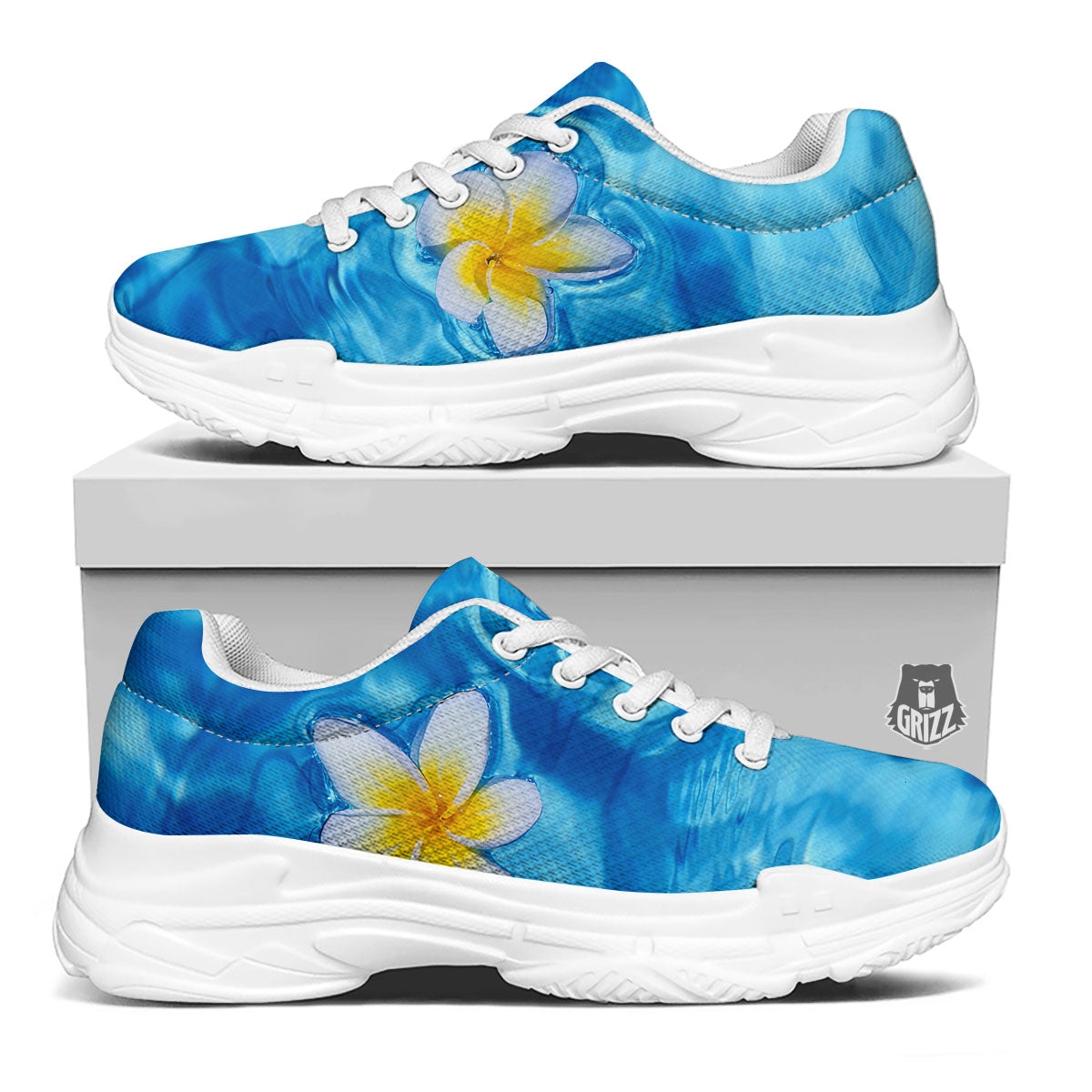 Yellow And White Plumeria In Water Print White Chunky Shoes-grizzshop