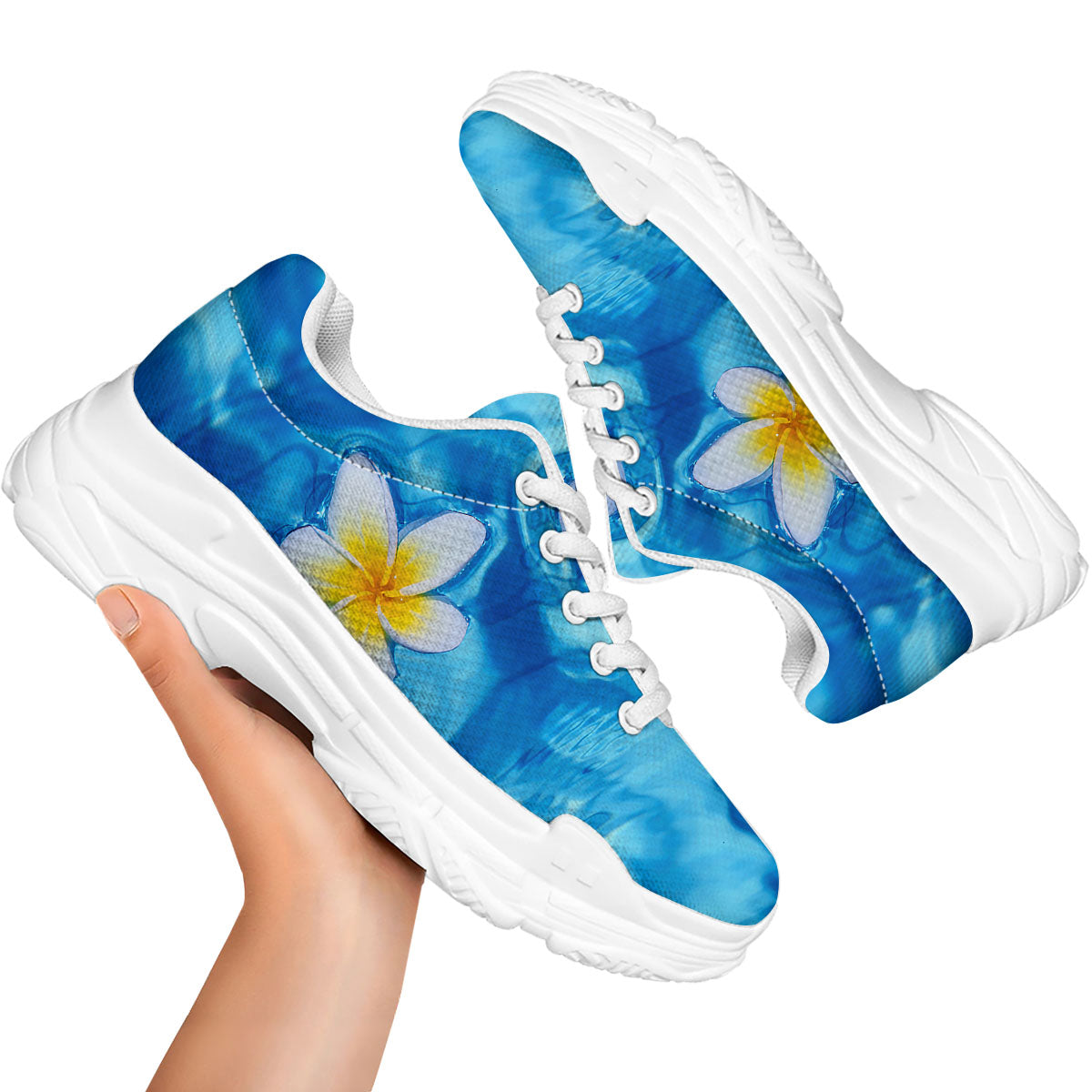 Yellow And White Plumeria In Water Print White Chunky Shoes-grizzshop