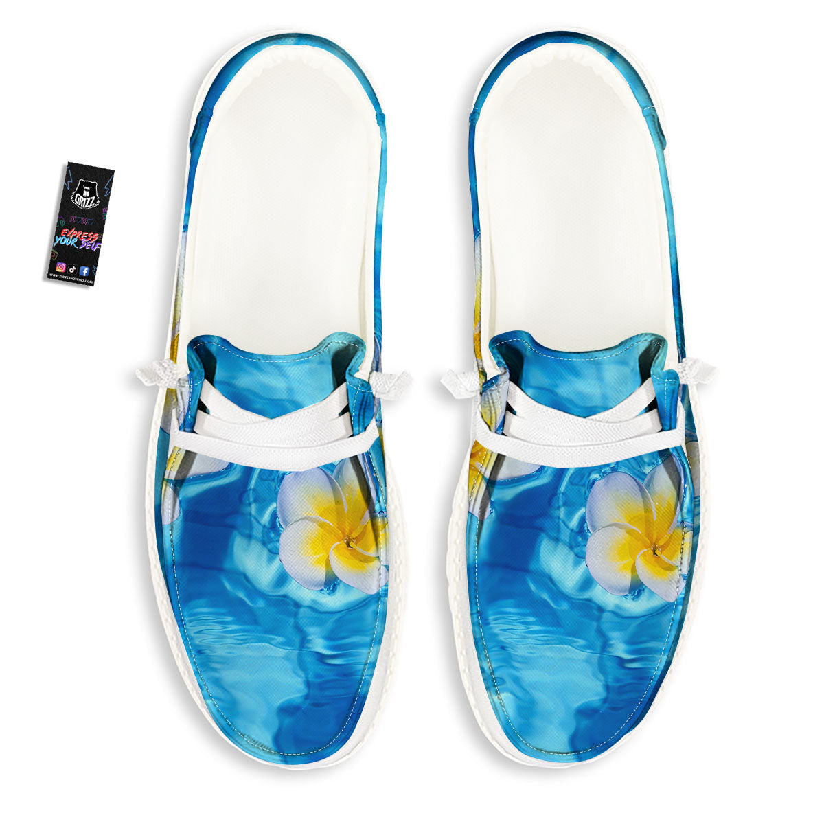 Yellow And White Plumeria In Water Print White Loafers-grizzshop